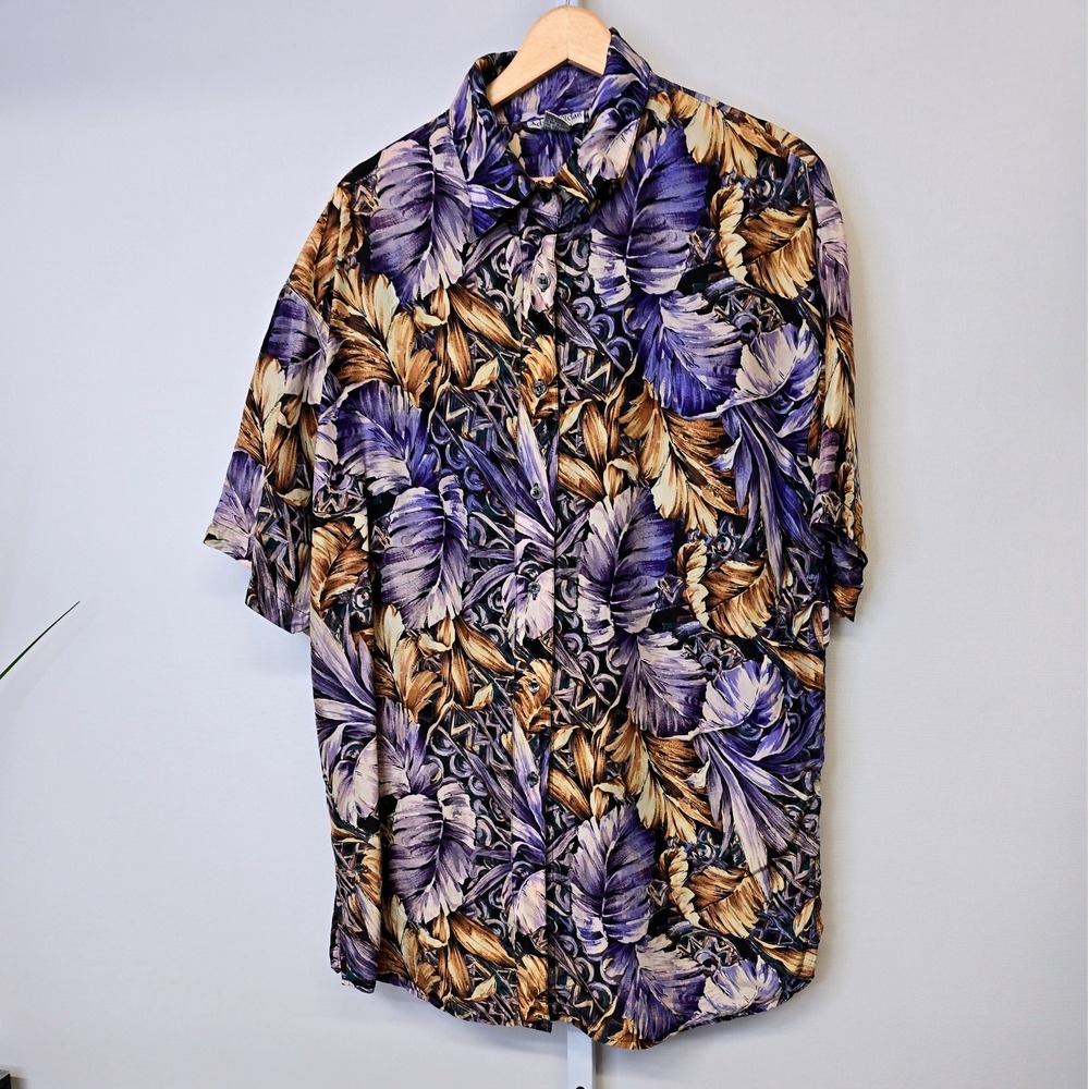Adrian Jordan Vintage 100%‎ Silk Tropical Leaf Print Button Down Shirt Purple XL